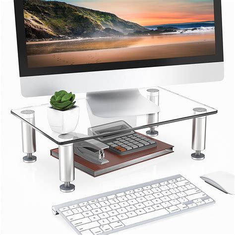 FITUEYES Monitor Stand –Adjustable Glass Computer Monitor Riser, Clear Desktop Stand for Laptop ...