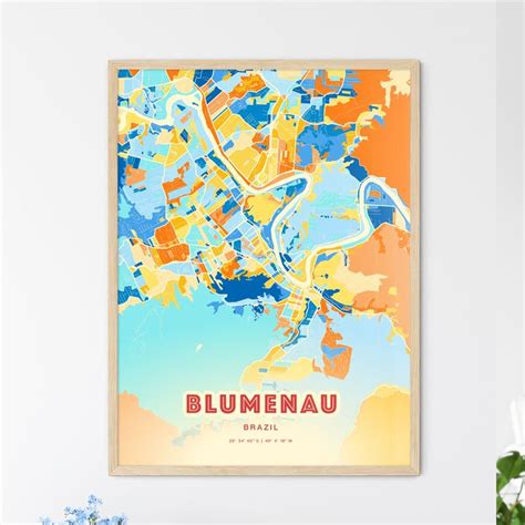 a framed map of the city of blumenau in bright blue, orange and yellow