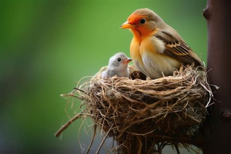 Premium AI Image | A mother bird feeding her chick in a bird nest