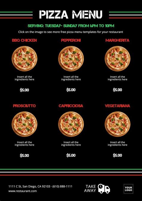 Online customizable pizza menu templates