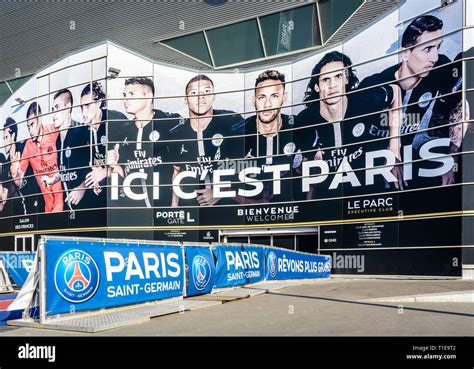 Main entrance of the Parc des Princes stadium in Paris, France, covered ...