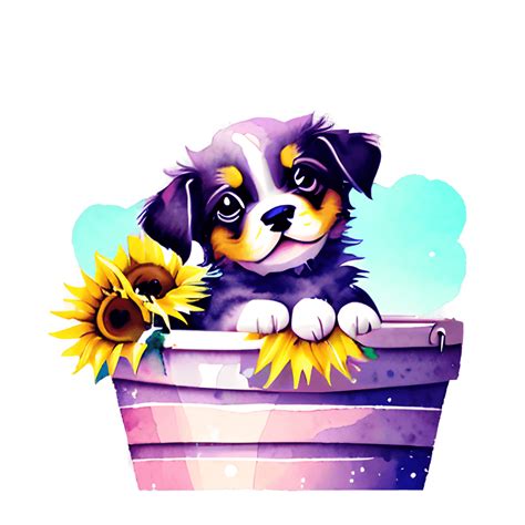 Cute Puppy with Sunflowers in a Bucket · Creative Fabrica