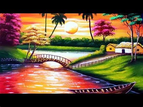 Sunset in a beautiful village || sunset nature scenery painting ...