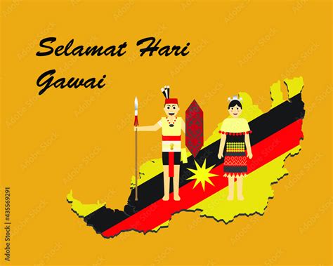 A vector of "Hari Gawai" festive celebration with Dayak people and Sarawk map in flag colour ...