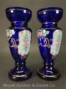 2 Hut Jakub Tasice Cobalt Blue Vases, Handpainted, 9.5" Tall - Moyer Auction & Estate Co., Inc.