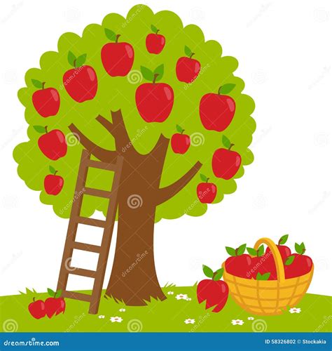 Apple Tree and Basket with Apples. Vector Illustration Stock Vector - Illustration of harvesting ...