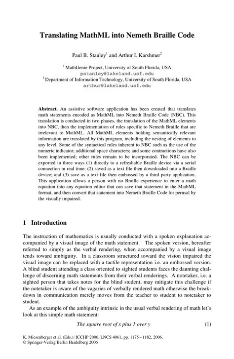 (PDF) Translating MathML into Nemeth Braille Code