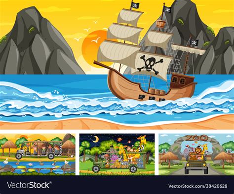 Set different scenes with pirate ship Royalty Free Vector