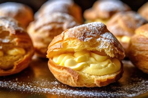 Premium AI Image | A close up of a cream puff pastry with powdered ...