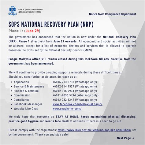 SOPs National Recovery Plan (NRP) Phase 1: (June 29) - Enagic (Malaysia) Sdn Bhd