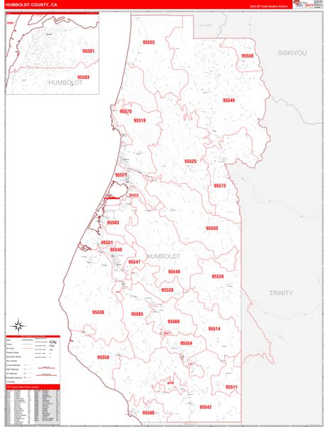 Humboldt County, CA Zip Code Wall Map Red Line Style by MarketMAPS - MapSales