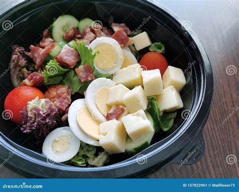 Cheese Salad with Bacon, Eggs, Tomatoes, Cucumber, and Lettuce. Stock Image - Image of fresh ...