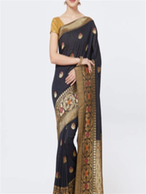 Buy Patang Black & Gold Toned Poly Silk Woven Design Kanjeevaram Saree ...