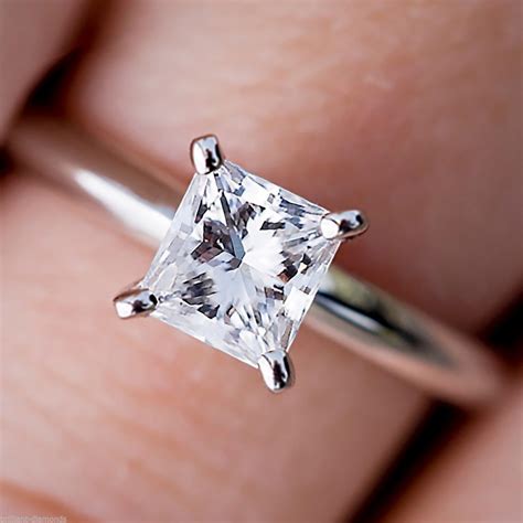 1.0 Carat Princess Brilliant Cut Simulated Diamond Solitaire Engagement Ring Solid 14K White ...