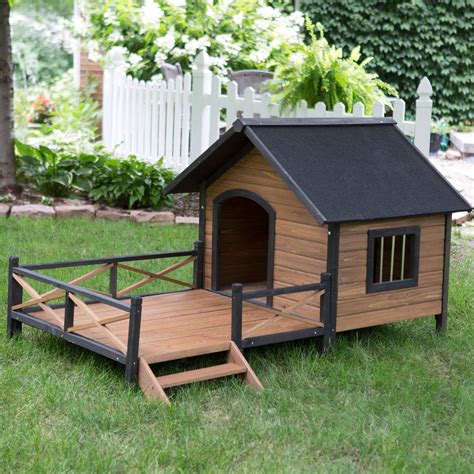 Large Solid Wood Outdoor Dog House with Spacious Deck Porch | Dog house with porch, Dog house ...