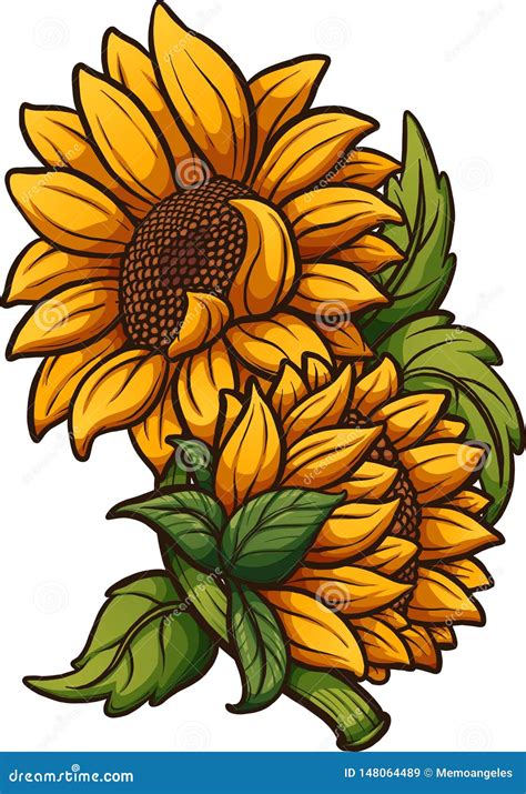 Cartoon Sunflower Plant with Two Flowers Stock Vector - Illustration of flowers, isolated: 148064489