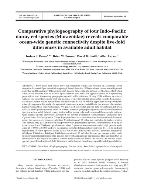 (PDF) Comparative phylogeography of four Indo-Pacific moray eel species (Muraenidae) reveals ...