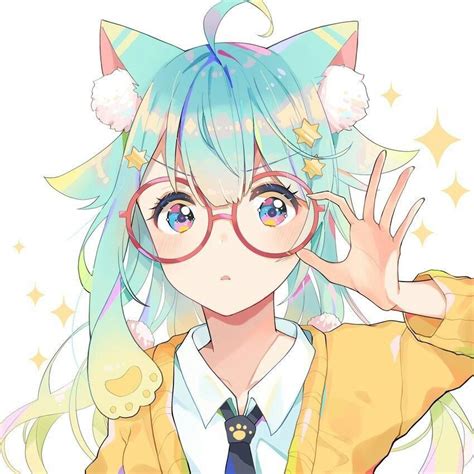 Adorable Cat Girl with Blue Hair and Glasses