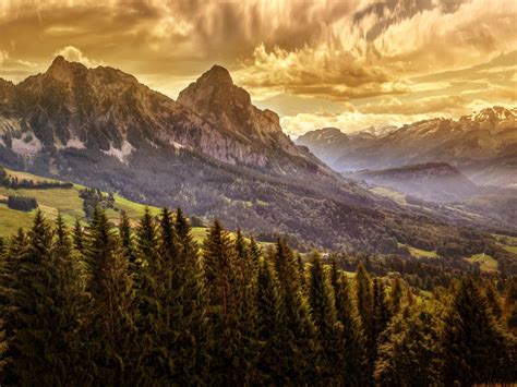 Wallpaper Mountains, trees, clouds, dusk, nature landscape 7680x4320 ...