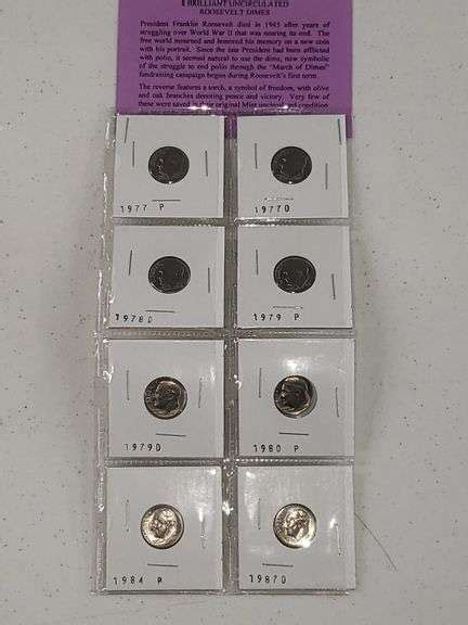 8 Brilliant Uncirculated Roosevelt Dimes - Baer Auctioneers - Realty, LLC