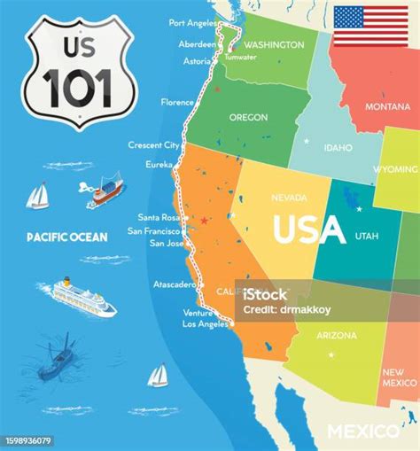 Highway 101 Us Route Map Poster Usa Map Stock Illustration - Download Image Now - Aberdeen ...