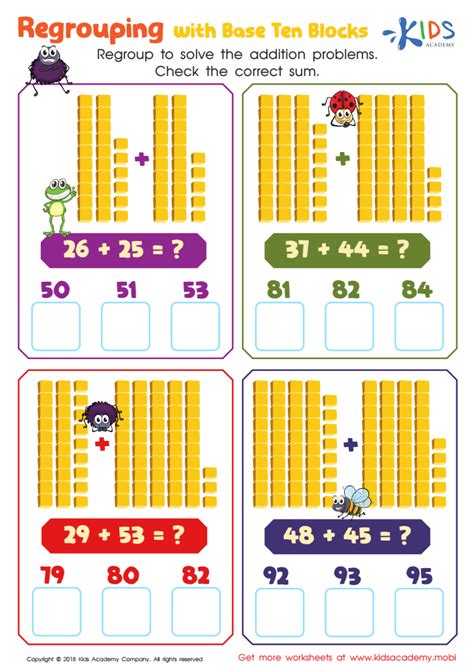 Regrouping With Base Ten Blocks Worksheet for kids - Answers and Completion Rate