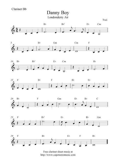 Easy Sheet Music For Beginners: Danny Boy (Londonderry Air), free clarinet sheet music notes