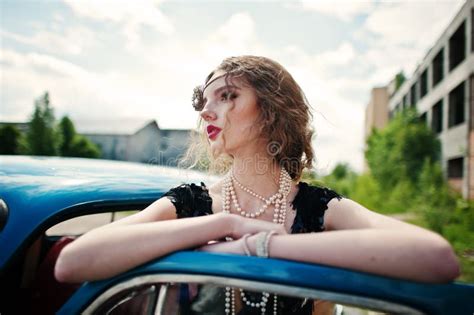 Fashion Girl Model with Bright Makeup in Retro Style and Vintage Car Stock Photo - Image of auto ...