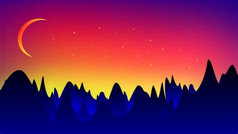 sky, art, space, night sky, 4K, silhouette, mountains, moon, crescent, digital art, retro ...