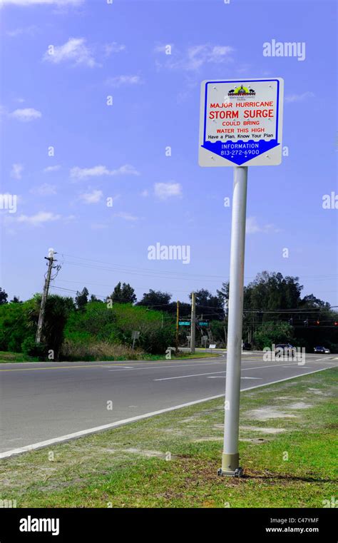 Major Hurricane storm surge warning traffic sign near Tampa Florida ...