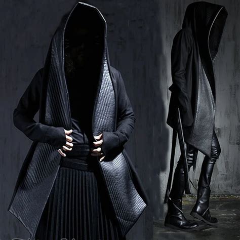 Men's Fashion Leather Long Hooded Woolen Trench Coats Black Gothic Cloak Overcoat Hot selling ...