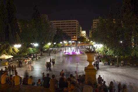 Syntagma Square at Night with Its Colored Fountain Editorial ...