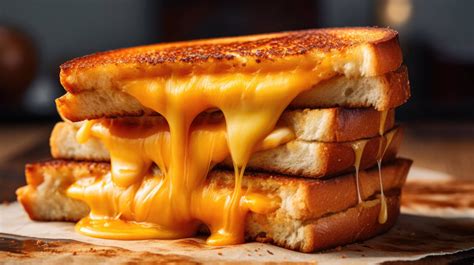 Grilled cheese sandwich, melted cheese oozing from between golden toasts