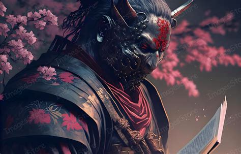 Artistic illustration,Samurai With a Book Wearing an Oni Dem - Inspire ...