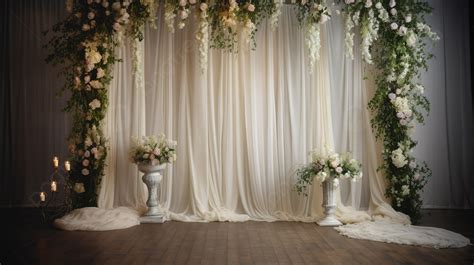 White Wedding Stage Covered In Flowers And Candles Background, Picture Backdrop For Wedding ...