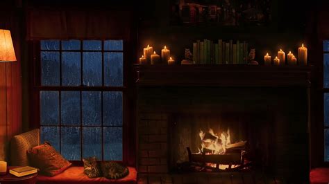 Crackling cabin fireplace and rain sounds