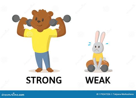 Words Strong and Weak Flashcard with Cartoon Animal Characters. Opposite Adjectives Explanation ...