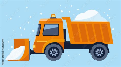 Snow plow truck cleaning road removing snow in a flat style on blue ...