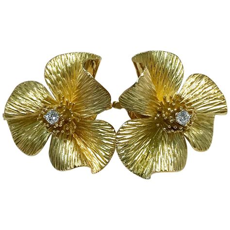 Frosted Crystal Diamond Gold Flower Earrings 1950s at 1stDibs