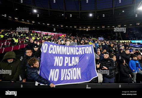 Everton fans hold up banners of protest after the Premier League match ...