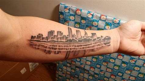 Cleveland Skyline with reflection. Thanks to Matt at True Art Tattoos in Cleveland, OH : r/tattoos