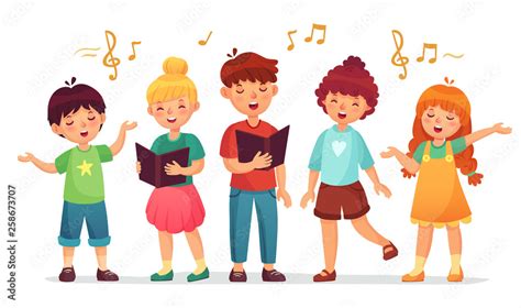 Singing kids. Music school, kid vocal group and children choir sing cartoon vector illustration ...