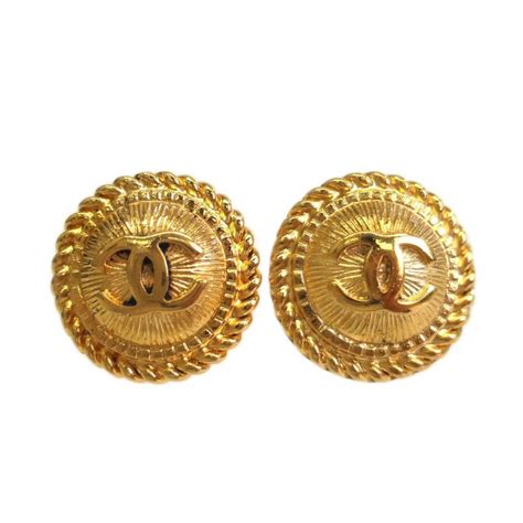 Chanel Vintage Gold CC Logo Round Button Textured Earrings For Sale at 1stdibs