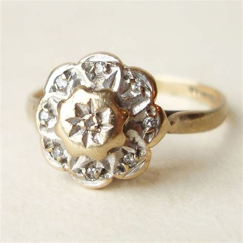 Vintage Diamond Flower Ring 9k Gold Engagement by luxedeluxe