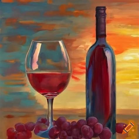 Oil painting of grapes, wine bottle, and glass