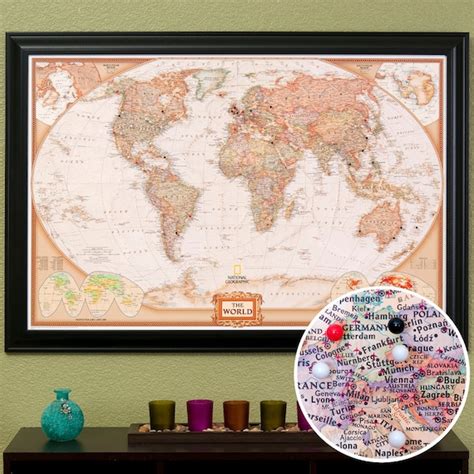 World Travel Map with Pins and Frame by PushPinTravelMaps on Etsy