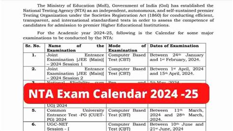 NTA Exam Dates 2024 - 25: Check NTA Exam Calendar for JEE Main, NEET UG ...