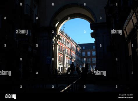 Plaza Mayor seen through arch Stock Photo - Alamy