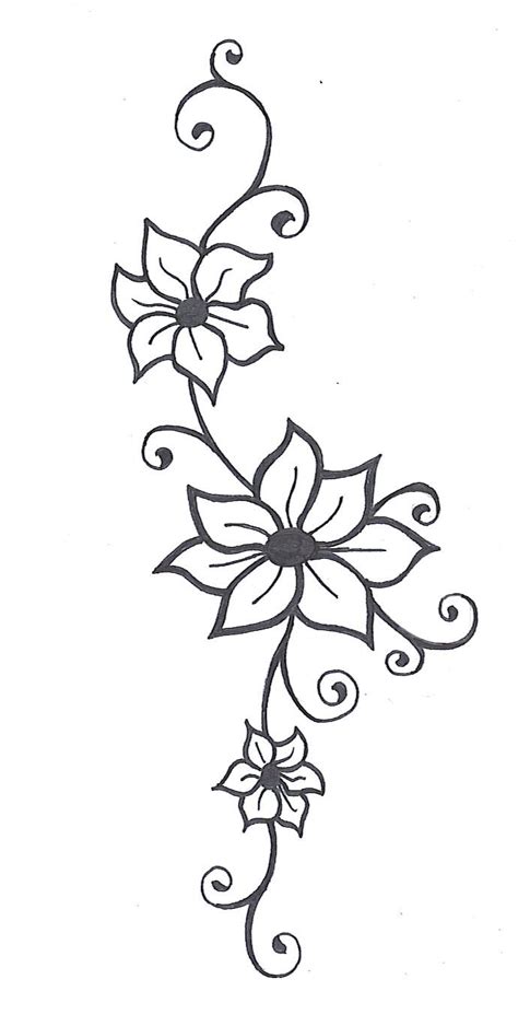 a drawing of flowers with swirls and leaves on the bottom half of each flower