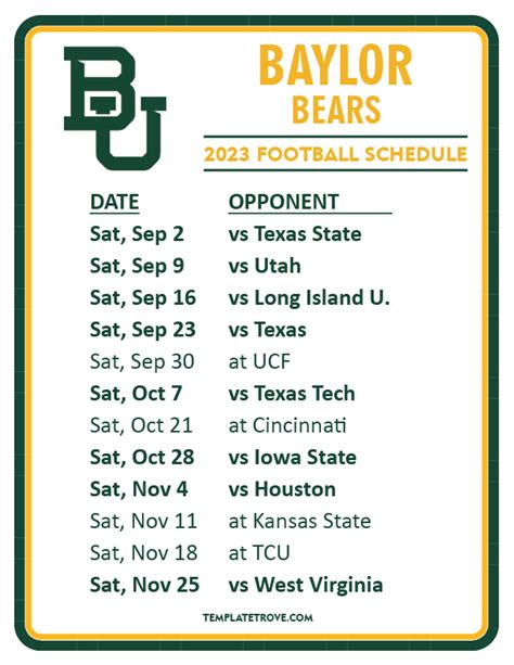 Printable 2023 Baylor Bears Football Schedule